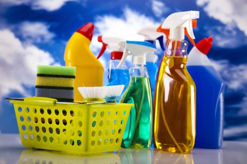 Communal area cleaning in a bright apartment lobby