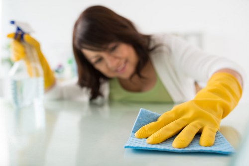 After builders cleaning tools and supplies arranged for a post-construction clean